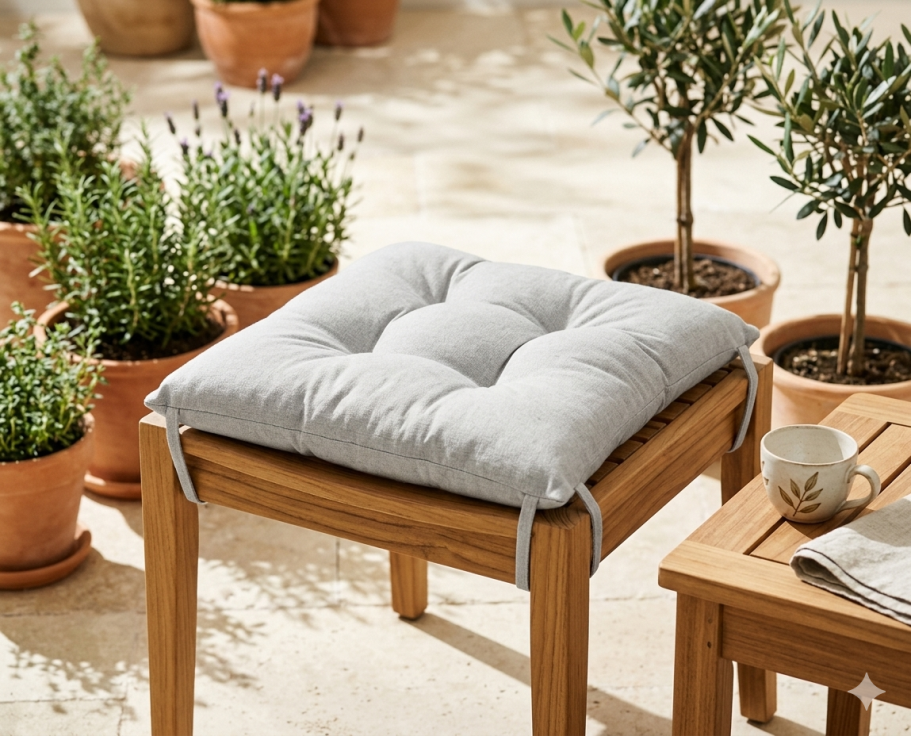 Cojín gris sobre una mesa de madera rodeada de macetas con plantas verdes.