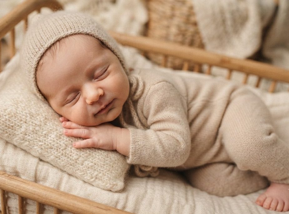 Bebé dormido en una cuna de madera, envuelto en un suave atuendo beige.