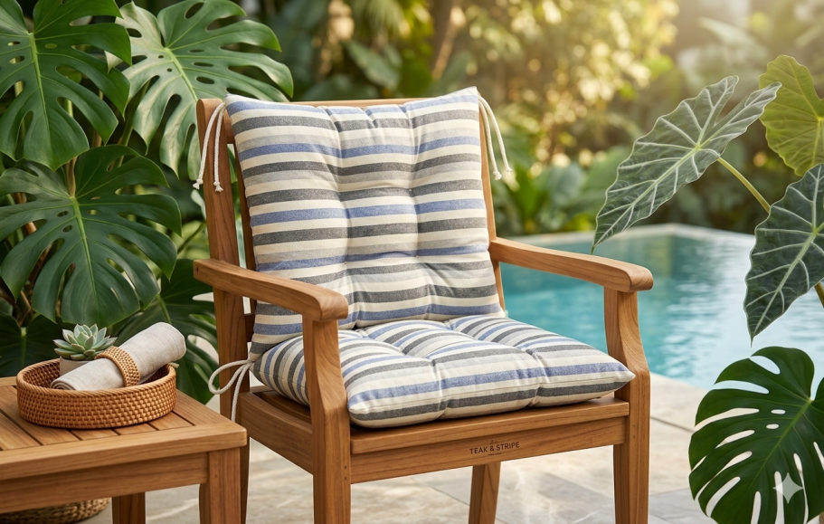 Silla de madera con cojín a rayas junto a una piscina rodeada de plantas.