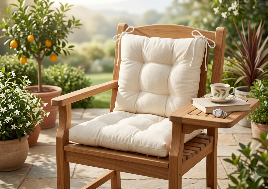 Silla de jardín de madera con cojín claro, mesa con taza y plantas decorativas alrededor.