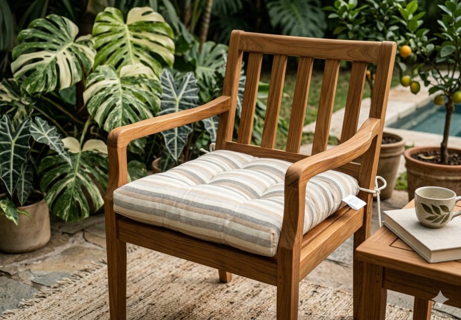 Silla de madera con cojín, rodeada de plantas y un ambiente tropical.