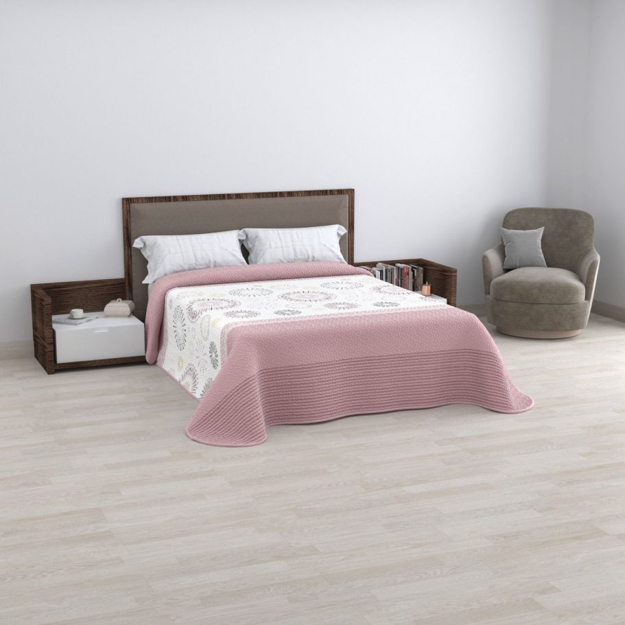 Eco bouti Andrea Dormitorio con cama doble, colcha rosa y silla gris en un ambiente minimalista.