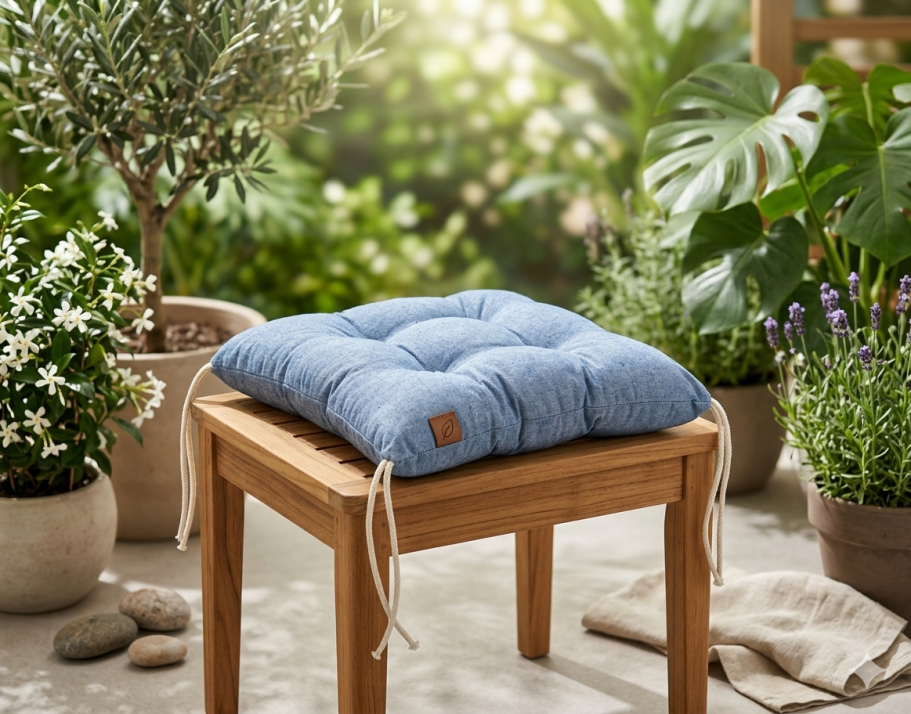Cojín azul sobre una silla de madera en un jardín con plantas y flores.